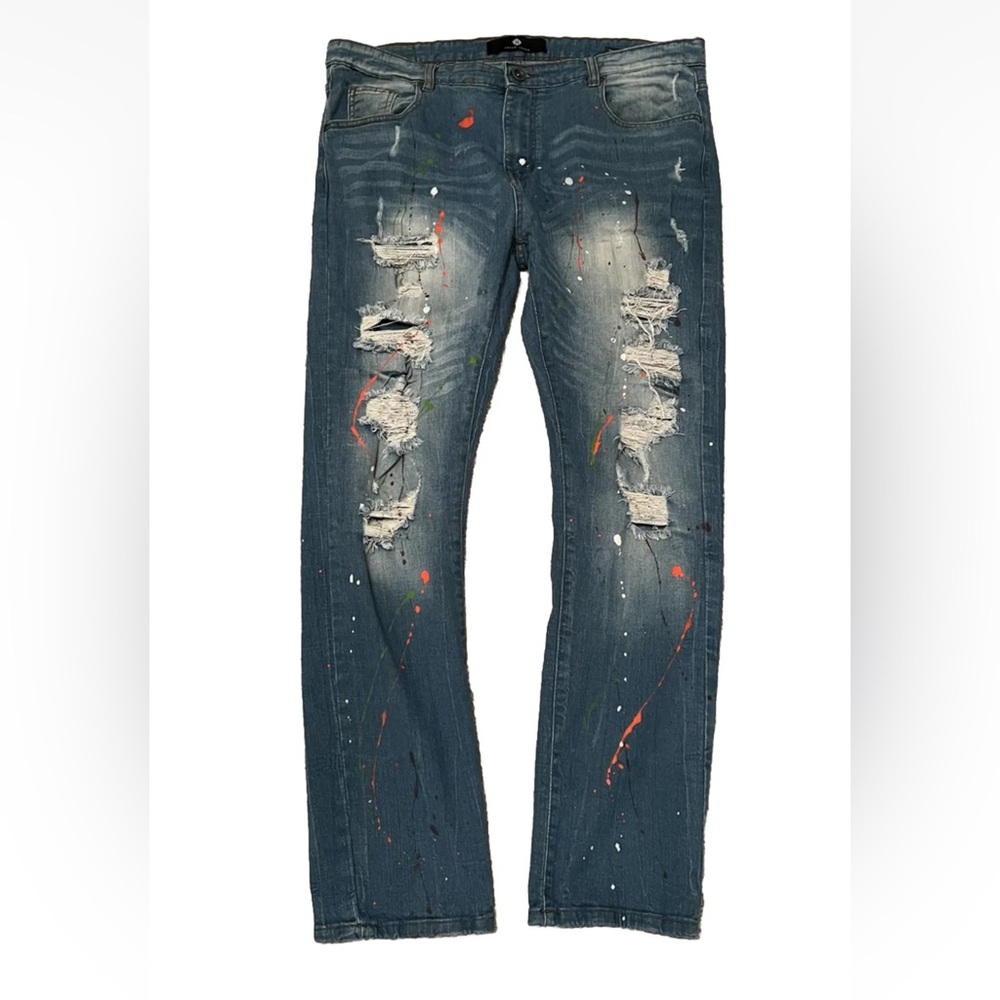 Men’s Jeans Paint Splatter Ripped Distressed Funky 40x32 10B Trendy Y2K Rock